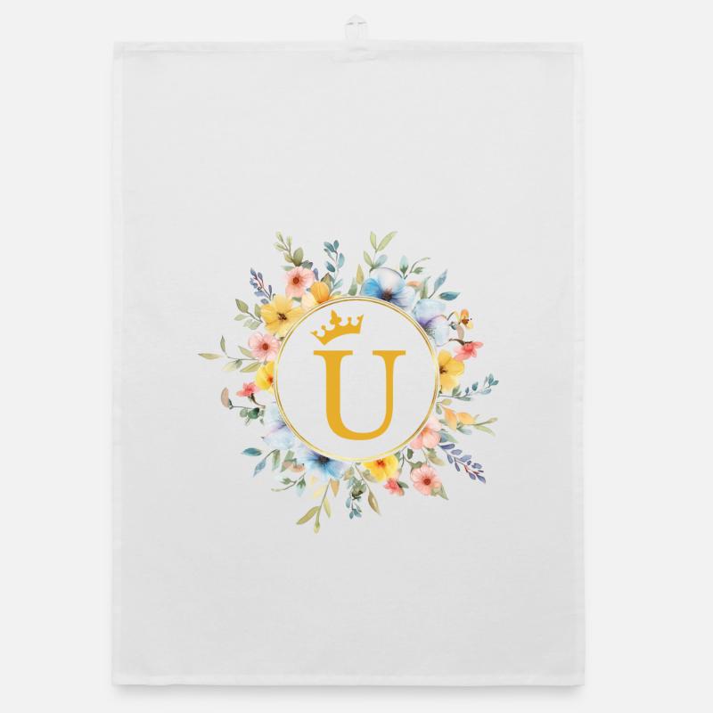 U Monogram, Flower Circle, Personalizable Organic dish towel