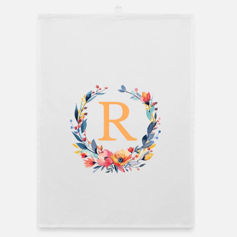 R Monogram, Flower Wreath, Personalizable Organic dish towel