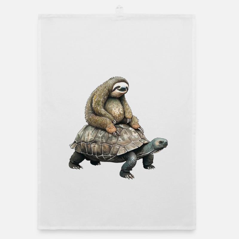 Sloth on turtle Organic dish towel