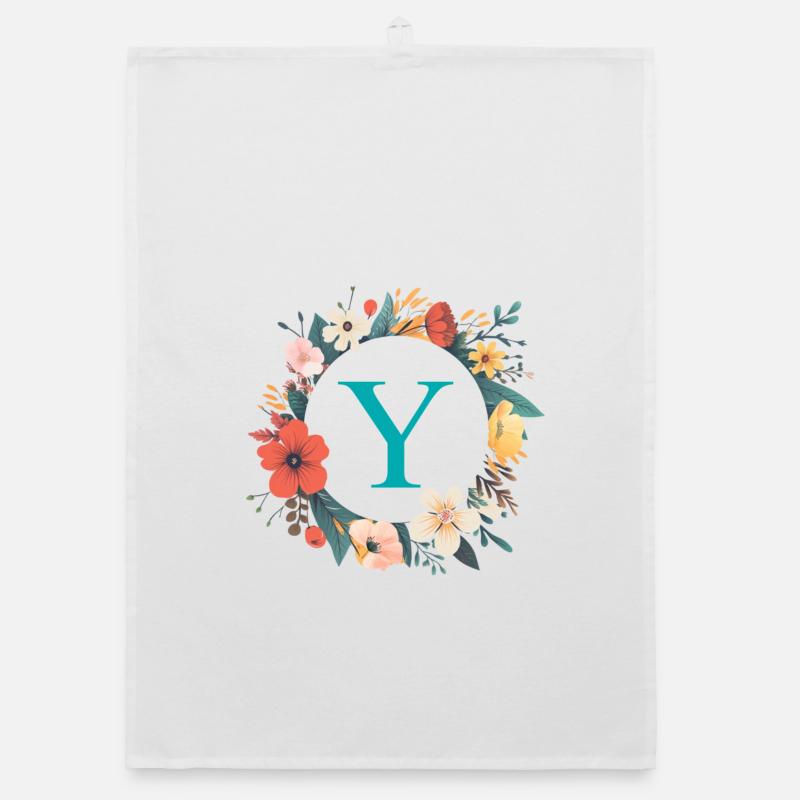 Monogramme Y, Couronne de fleurs, Personnalisable Torchon bio