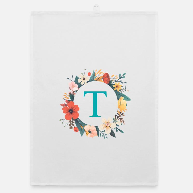T Monogram, Flower Wreath, Personalizable Organic dish towel