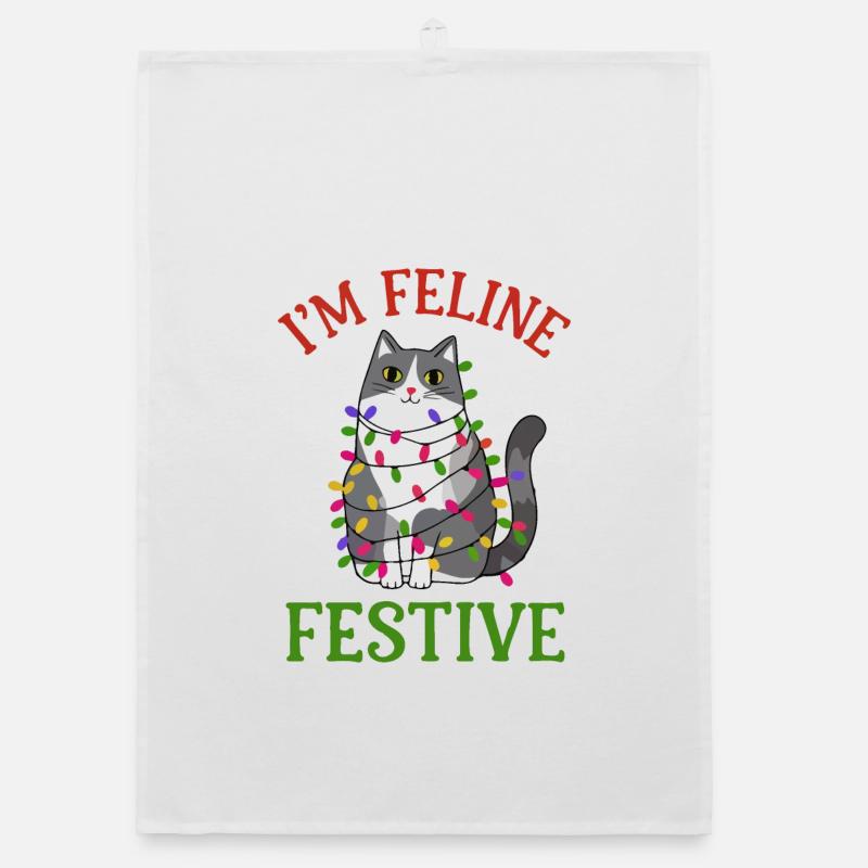 Feline Festive Light String Design Organic dish towel