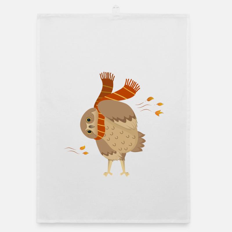 Süße Cartoon-Eule trägt Schal mit fallenden Blättern Organic Geschirrtuch