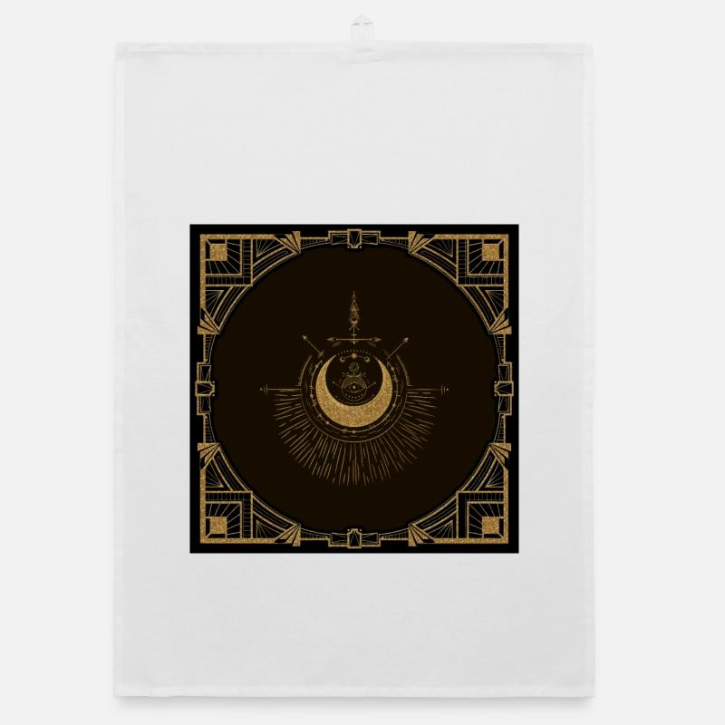 Harmonie des éléments : lune, or et géométrie. Torchon bio