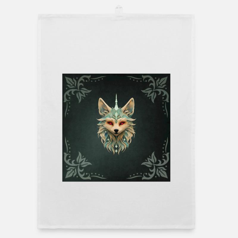 Mystical fox with piercing red eyes. Organic dish towel