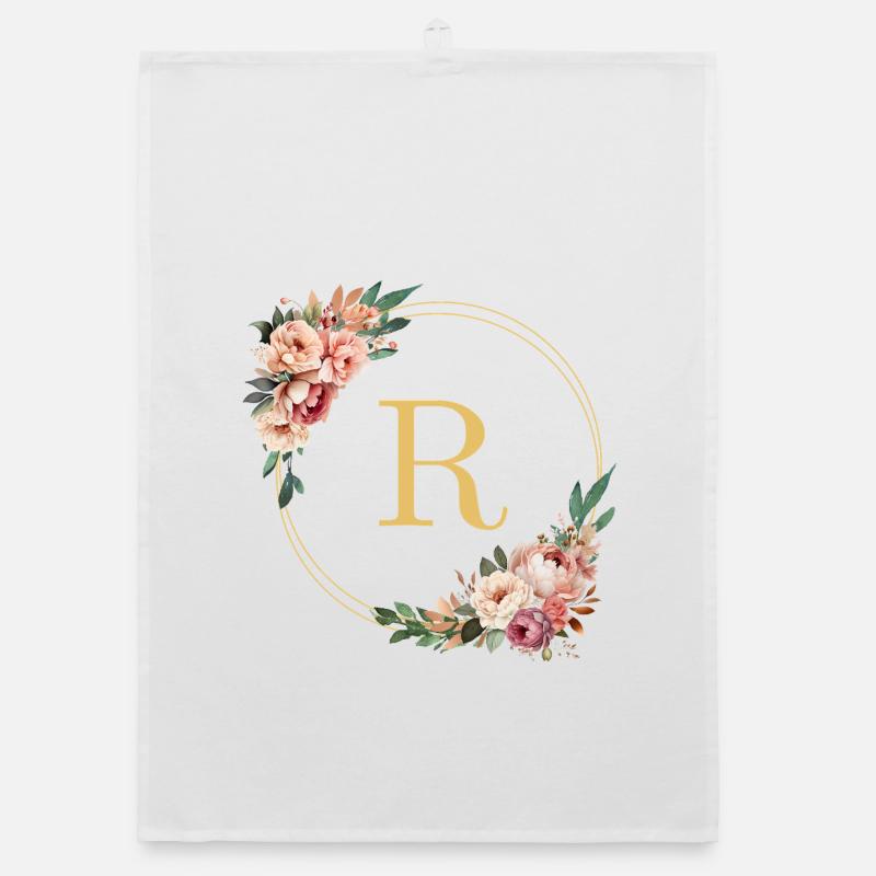 R Monogram, Flower Wreath, Personalizable Organic dish towel