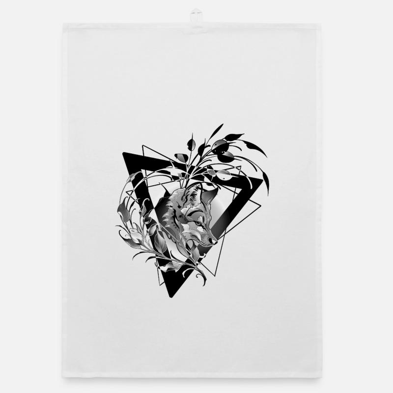 Fox with Foliage Design Black Abstract Organic dish towel