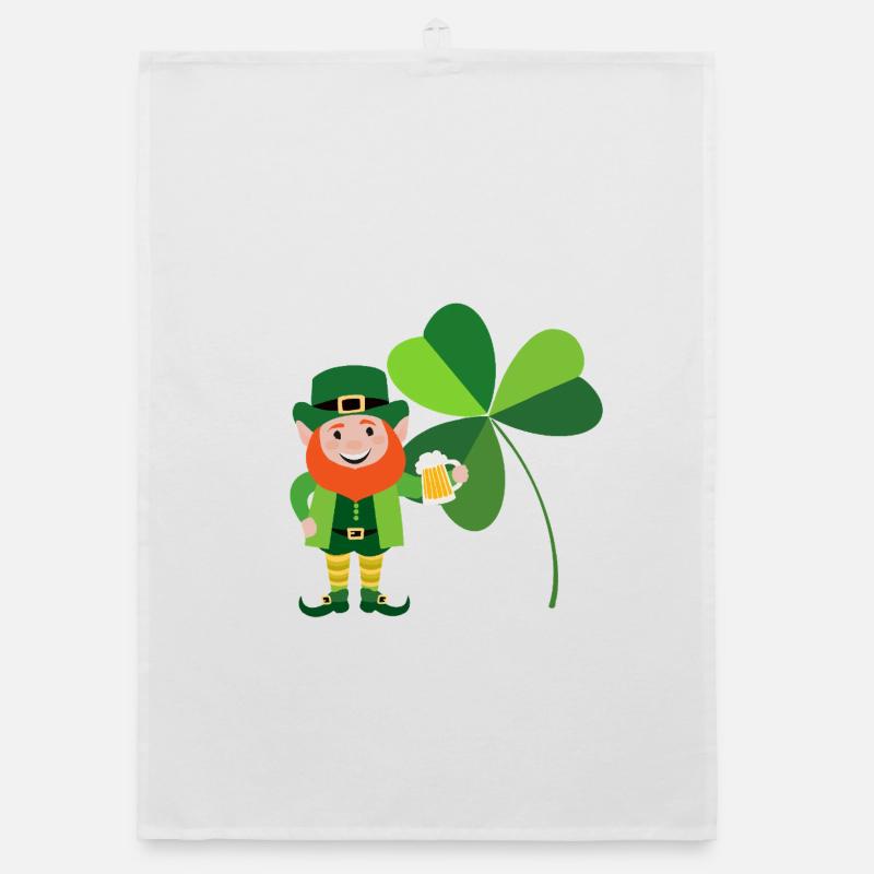 Leprechaun souriant devant un trèfle irlandais Torchon bio