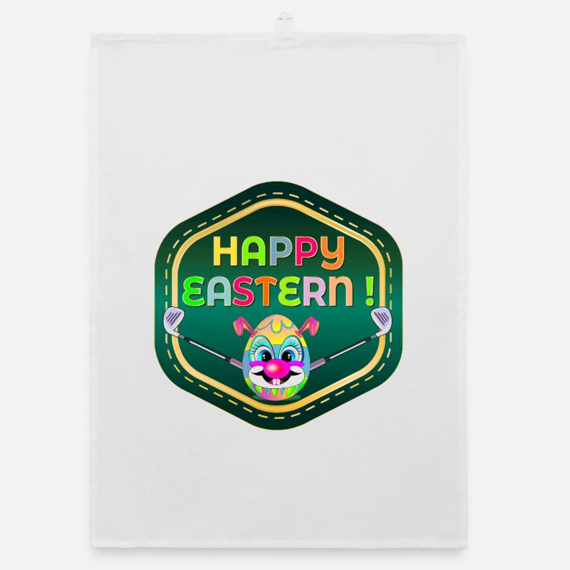 HAPPY EASTERN EGGS PLAYING GOLF Organic dish towel