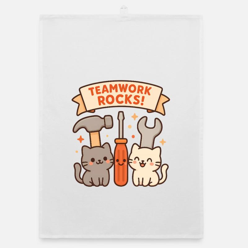 Teamwork Rocks – Cute Cats with Tools Organic dish towel