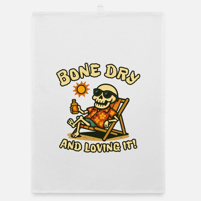 Bone Dry and Loving It Beach Skeleton - Organic dish towel - white