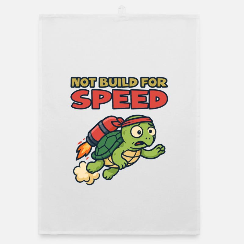 Turtle with rocket: Not built for speed - Organic dish towel - white