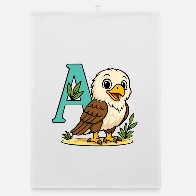 Niedlicher Adler mit Initiale A und Laub - Organic Geschirrtuch - Weiß