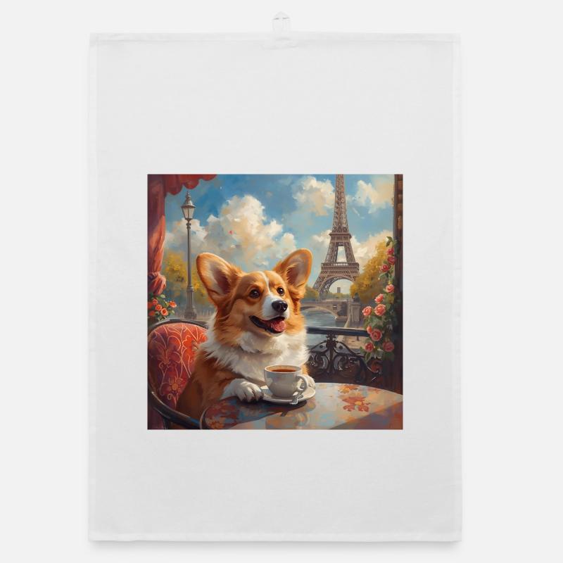 Corgi buvant du café devant la Tour Eiffel à Paris Torchon bio