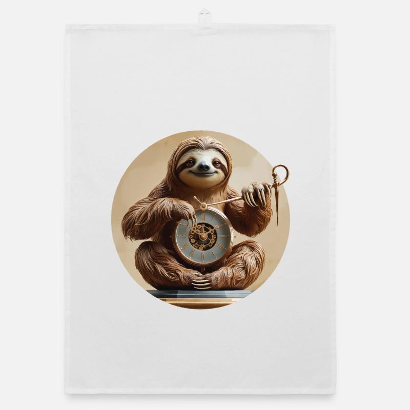 Charming sloth with clock motif Organic dish towel