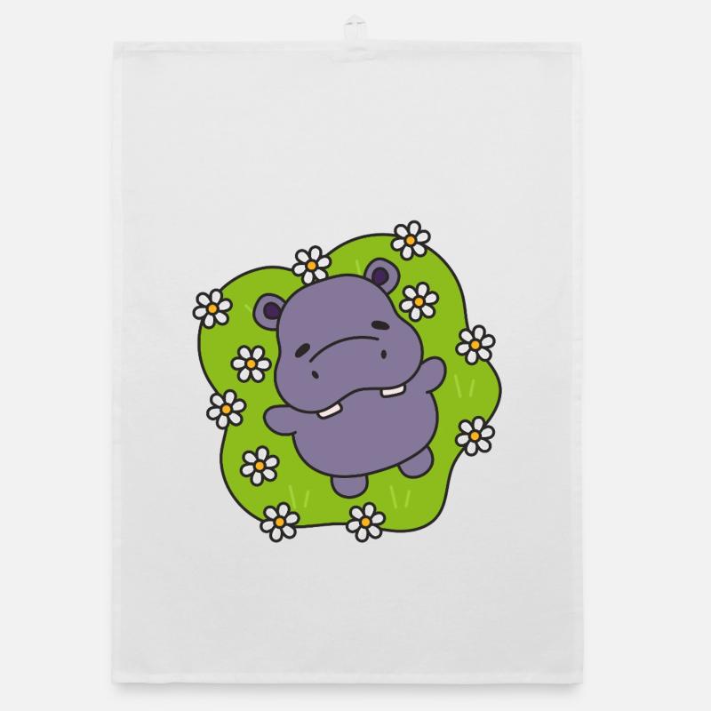Hippo violet sur gazon fleuri Torchon bio