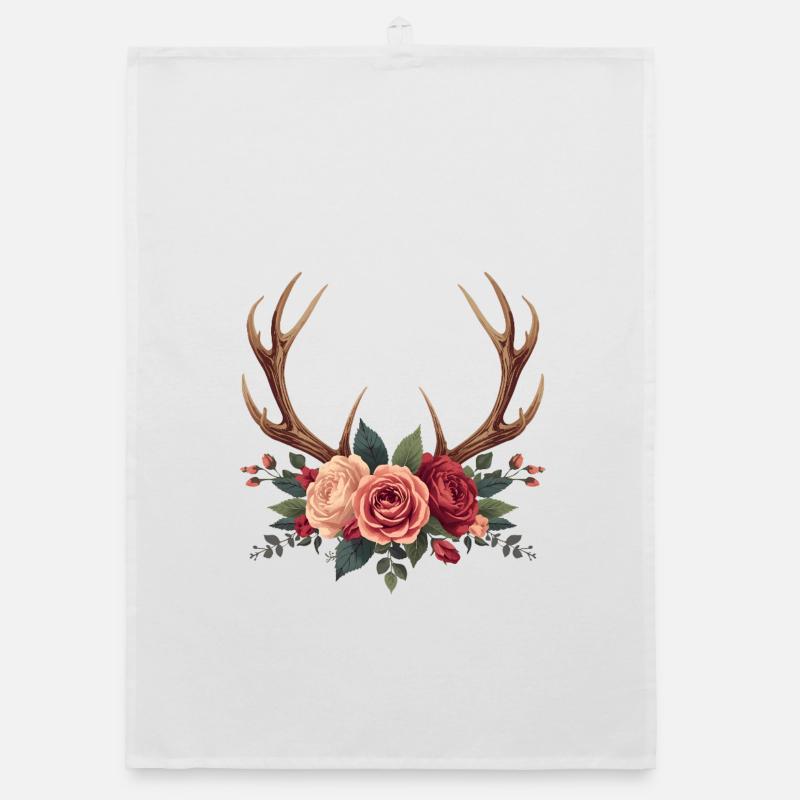 Hirschgeweih & Rosen - Boho Nature Design - Organic Geschirrtuch - Weiß
