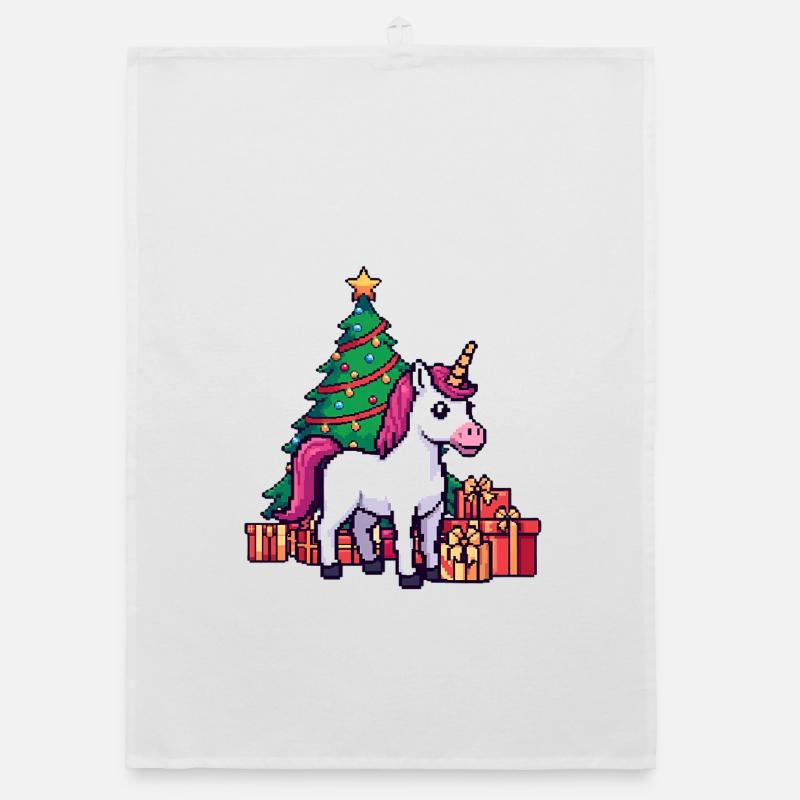 Pixel Einhorn & Weihnachtsbaum Retro Kunst Organic Geschirrtuch