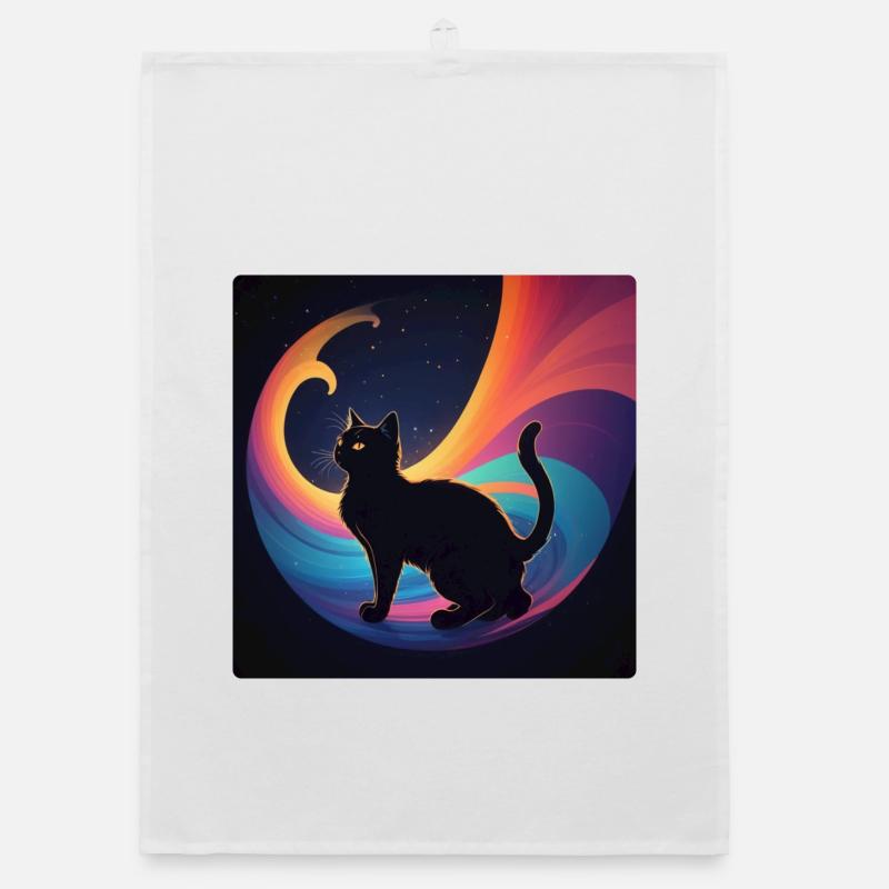 Chat noir devant les couleurs de l’arc-en-ciel Torchon bio