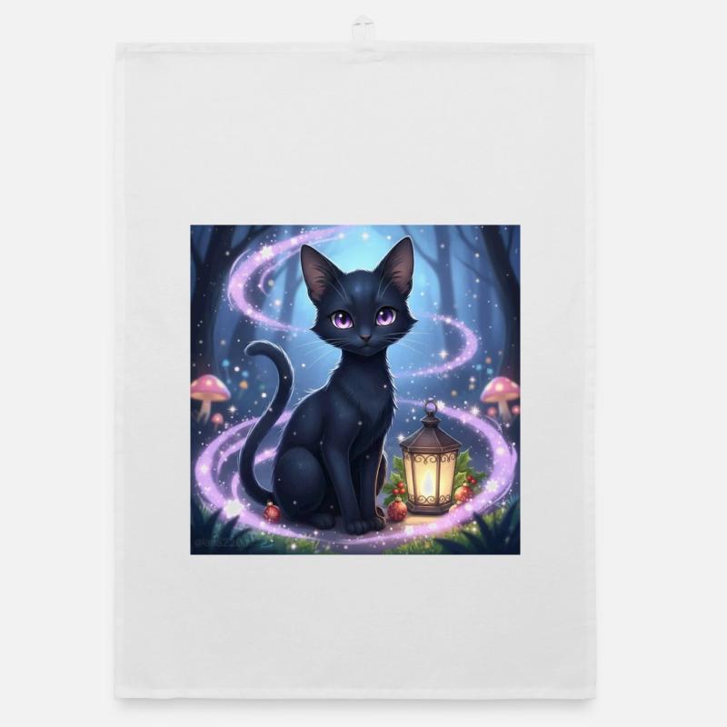 Chat noir magique avec lanterne - Torchon bio - blanc
