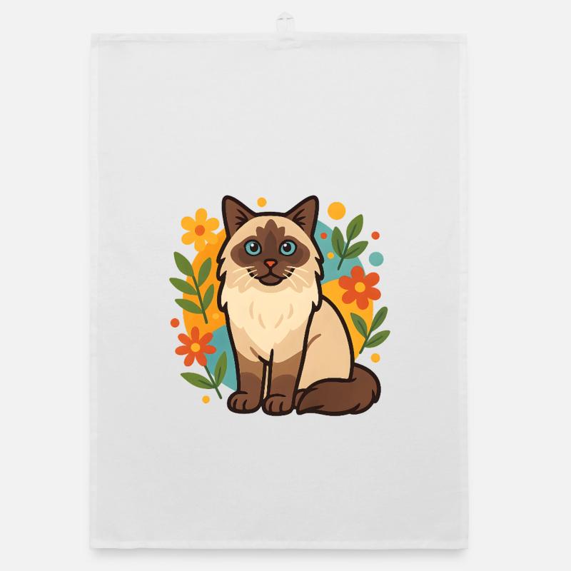 Chat Ragdoll avec cercle de fleurs - Torchon bio - blanc