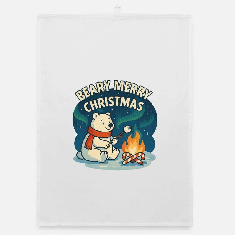Beary, joyeux feu de camp de Noël - Torchon bio - blanc