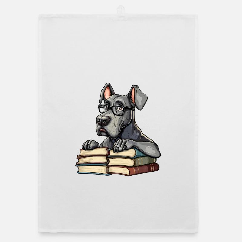 Cute Great Dane Dog Reading Book with Glasses Organic dish towel