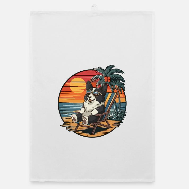 Funny Border Collie Dog on Beach Summer Sunset Organic dish towel