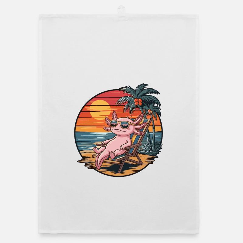 Funny Axolotl on Beach Summer Vacation Sunset Organic dish towel