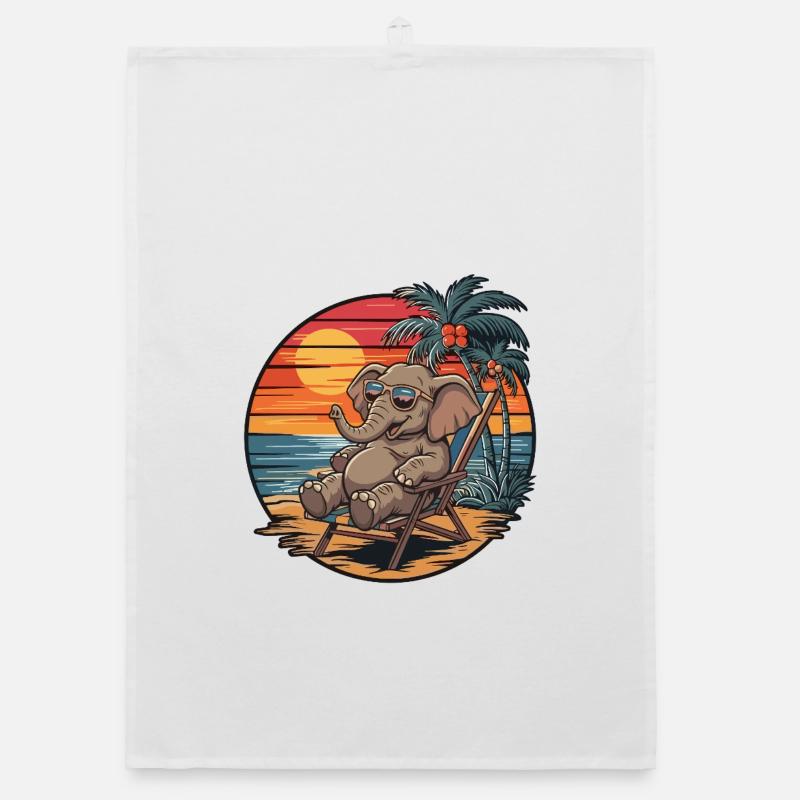 Funny Elephant on Beach Summer Vacation Sunset Organic dish towel