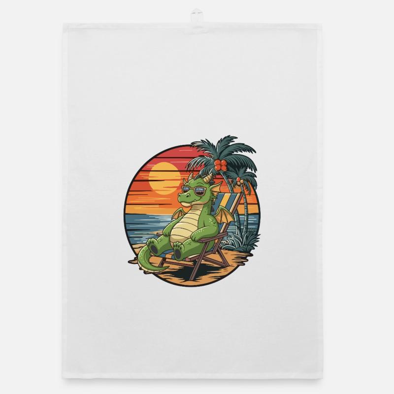 Funny Dragon on Beach Summer Vacation Sunset Organic dish towel