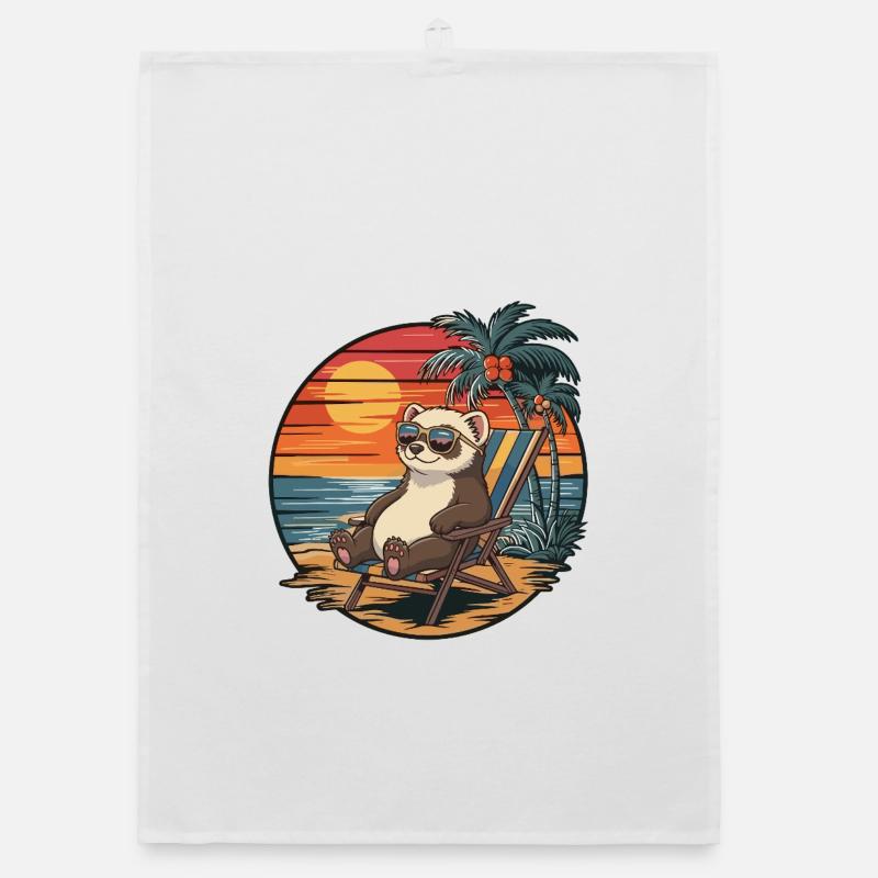 Funny Ferret on Beach Summer Vacation Sunset Organic dish towel