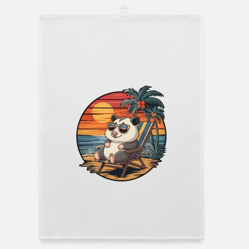 Funny Opossum on Beach Summer Vacation Sunset Organic dish towel