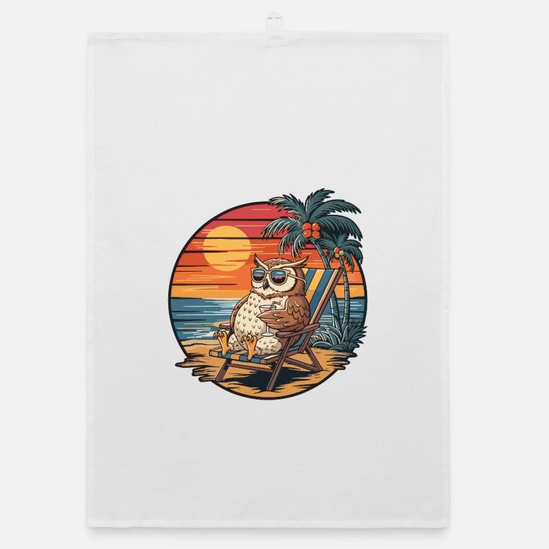 Funny Owl on Beach Summer Vacation Sunset Organic dish towel