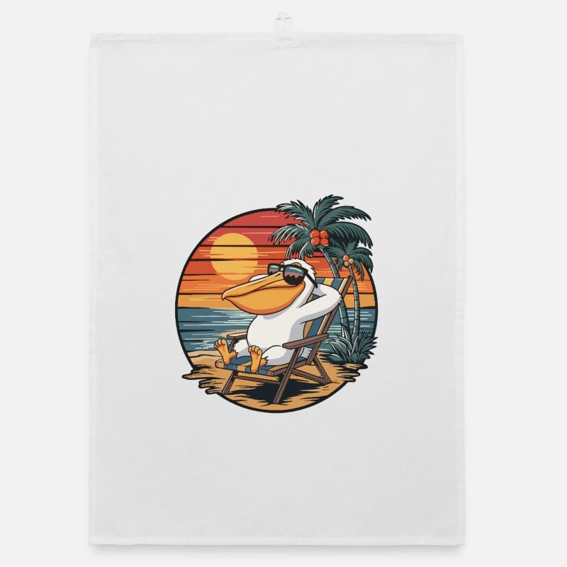 Funny Pelican on Beach Summer Vacation Sunset Organic dish towel