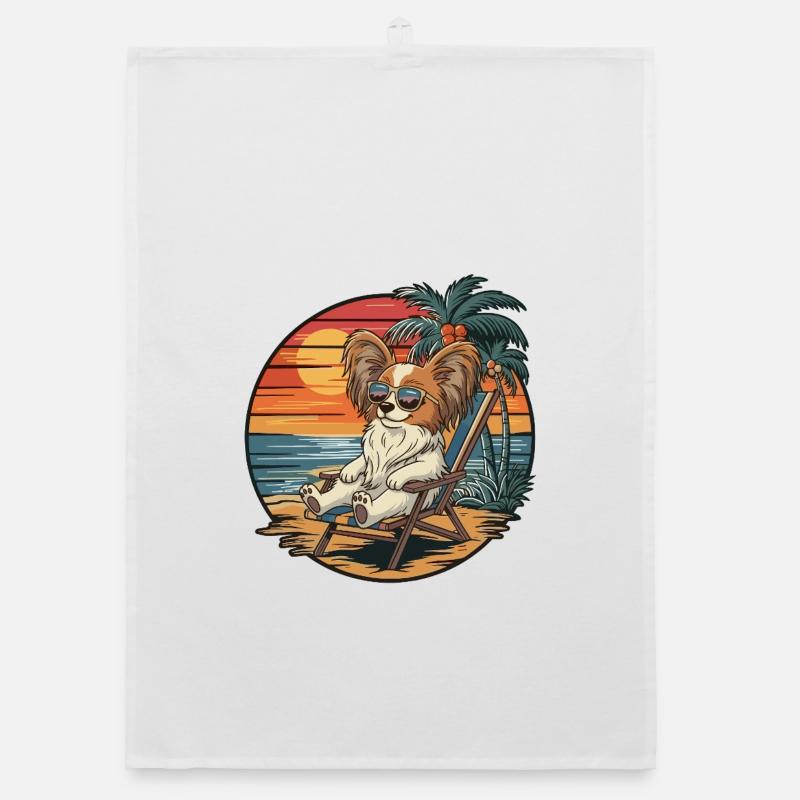 Funny Papillon Dog on Beach Summer Vacation Sunset Organic dish towel