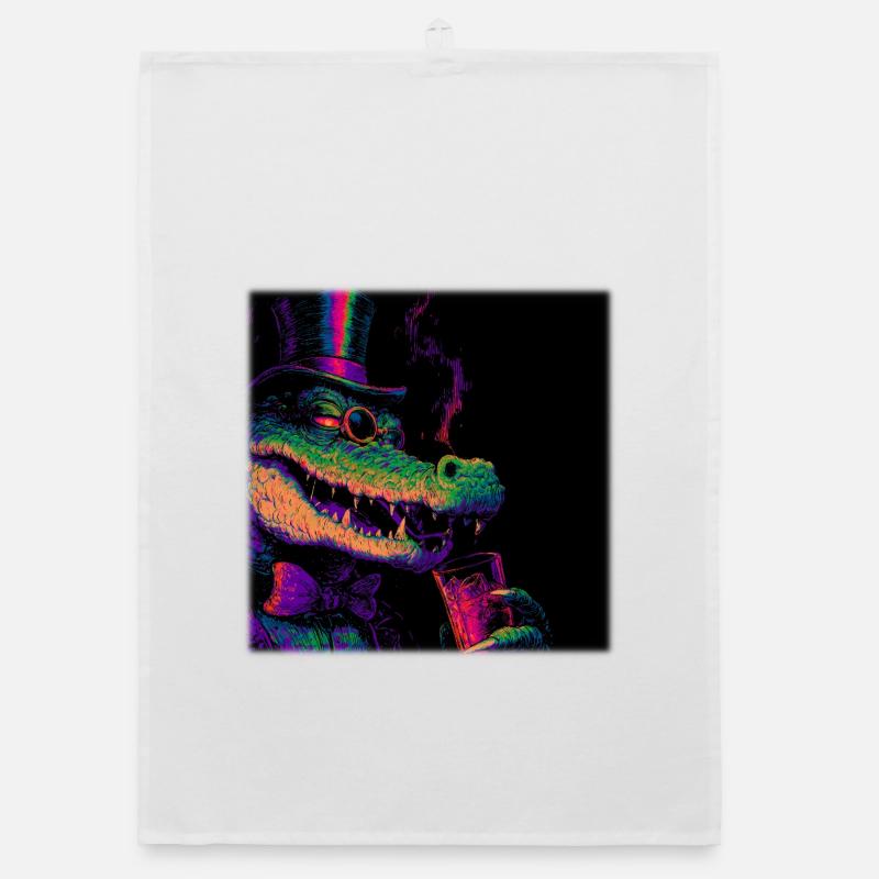 Crocodile néon avec haut-de-forme et boisson Torchon bio