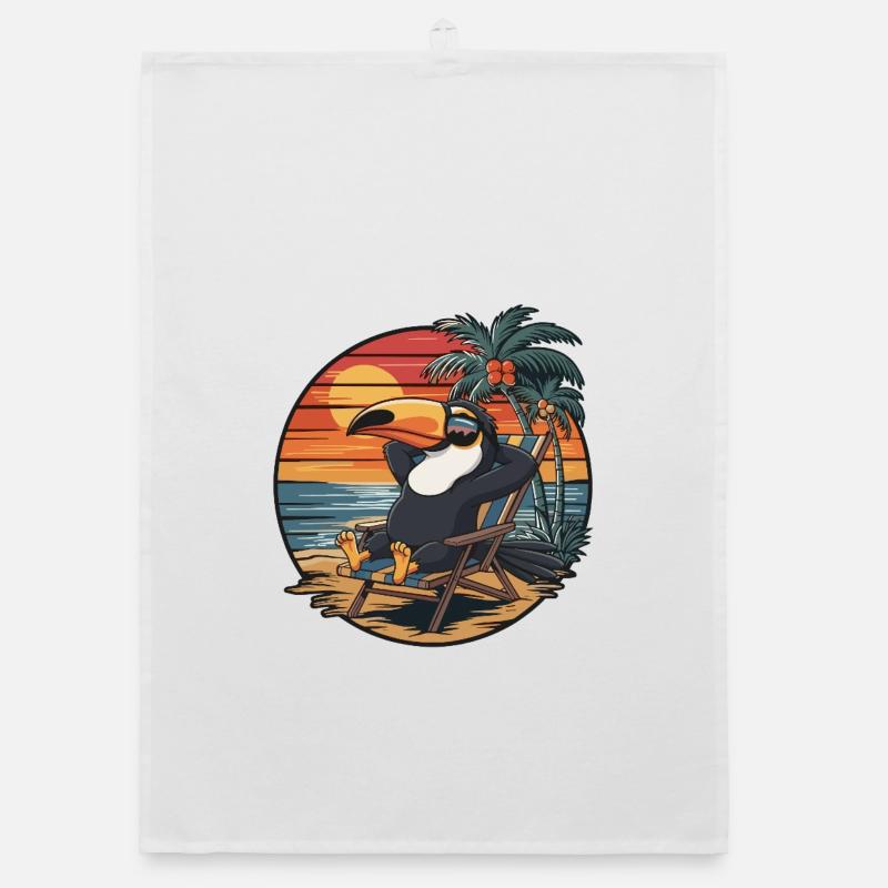 Funny Toucan on Beach Summer Vacation Sunset Organic dish towel