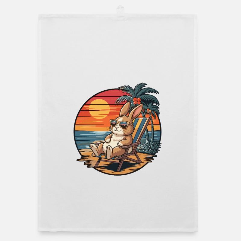 Funny Rabbit on Beach Summer Vacation Sunset Organic dish towel