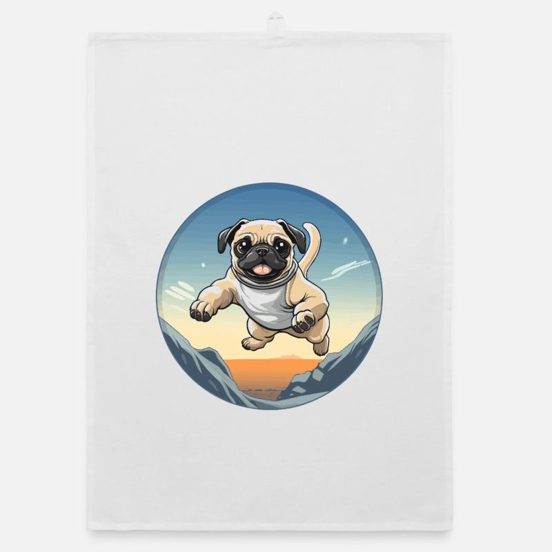 Pug jump over mountain landscape Organic dish towel