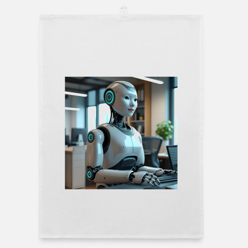 Humanoid robot in blue office Organic dish towel