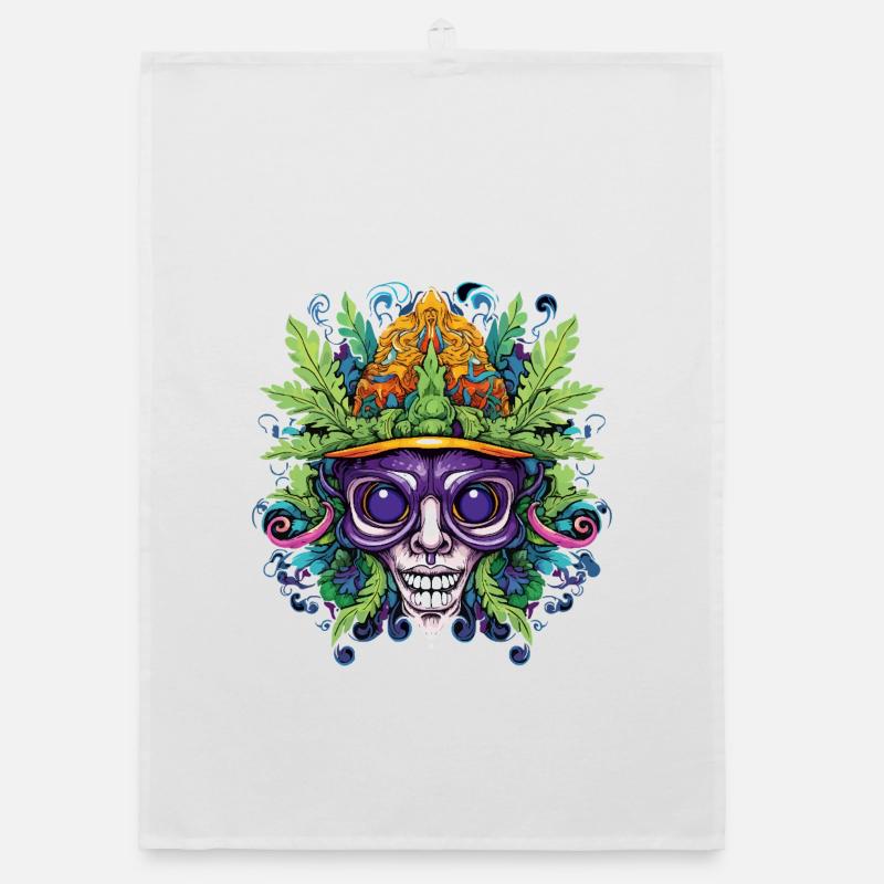 Psychedelic skull with leaf crown Organic dish towel