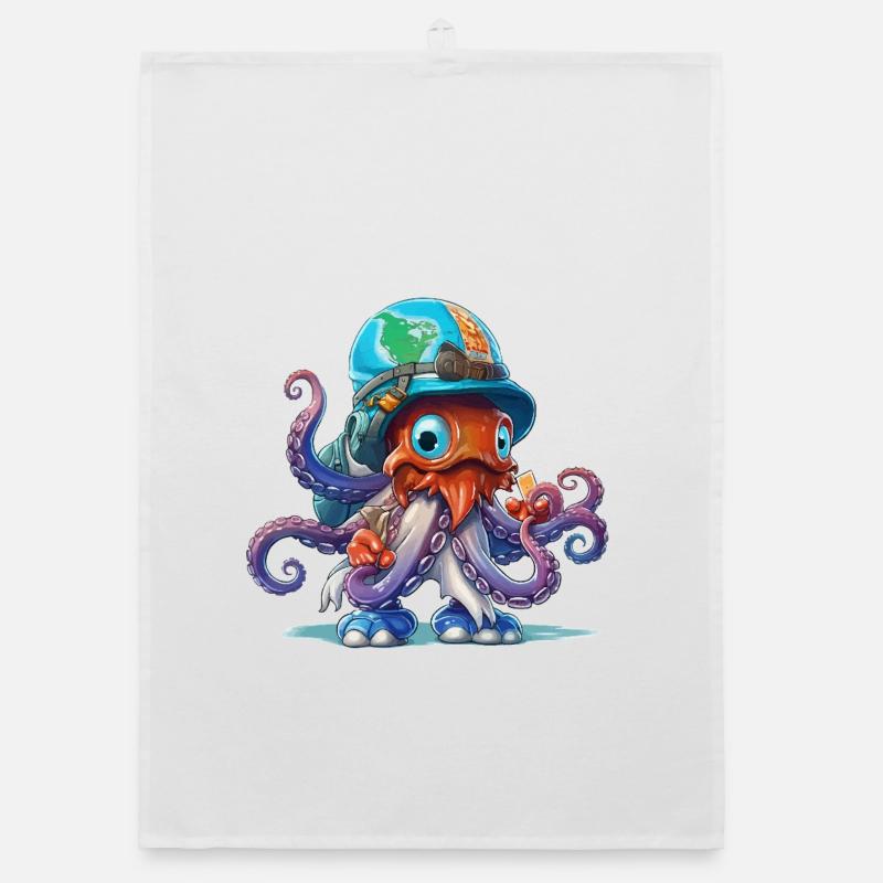 Octopus Explorer with World Map Helmet Organic dish towel
