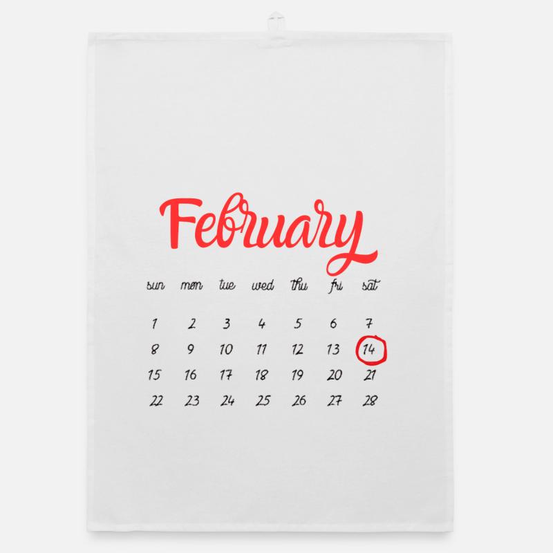 February Calendar in Red Script -Valentine's Day Organic dish towel