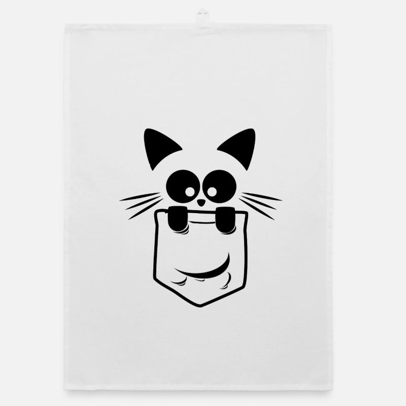 Le Chat de Poche Curieux Noir - Torchon bio - blanc