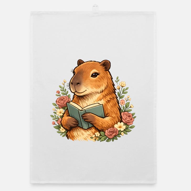 Reading Capybara with Flowers Book Lover Organic dish towel