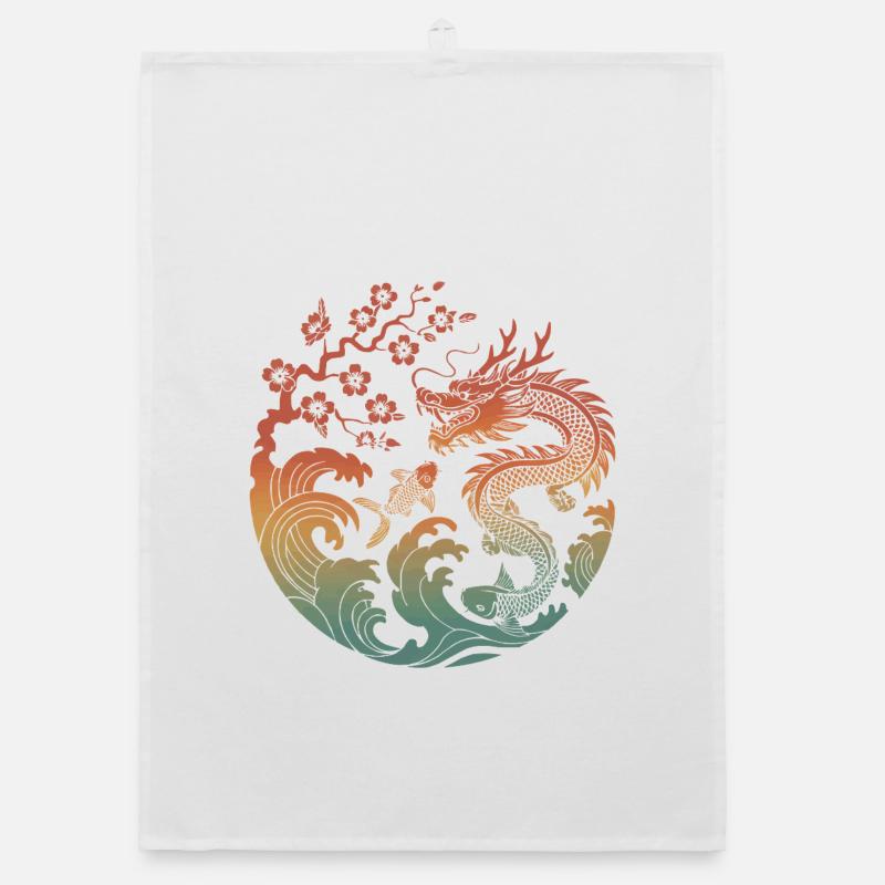 Conception du cercle Dragon & Koi - Torchon bio - blanc