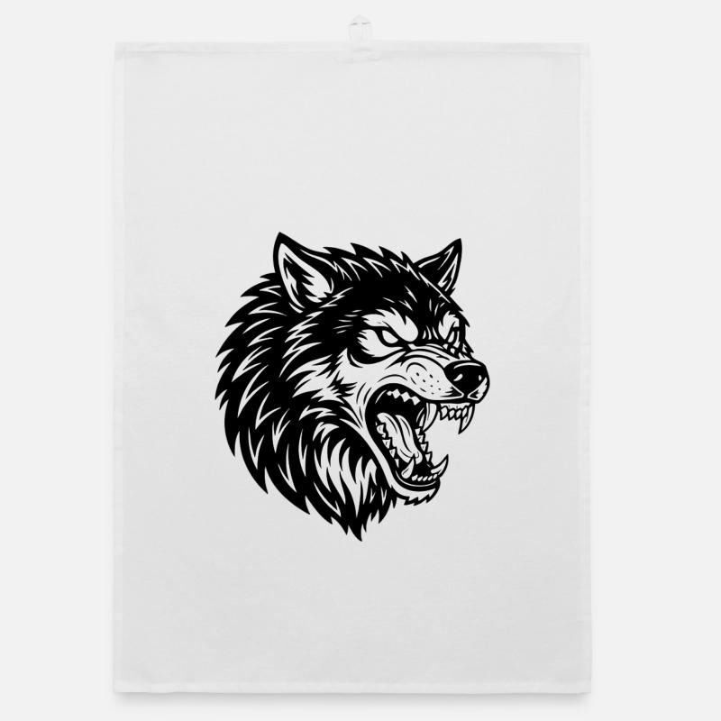 Wolf Schwarz-Weiß Wolf Alpha Maskottchen-Logo - Organic Geschirrtuch - Weiß
