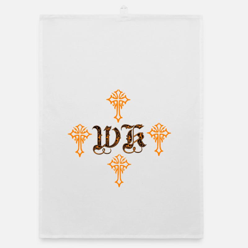 Orange Gothic Cross Ornament with initials Organic dish towel