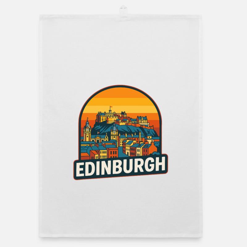Conception rétro du château du coucher de soleil Édimbourg Skyline Torchon bio